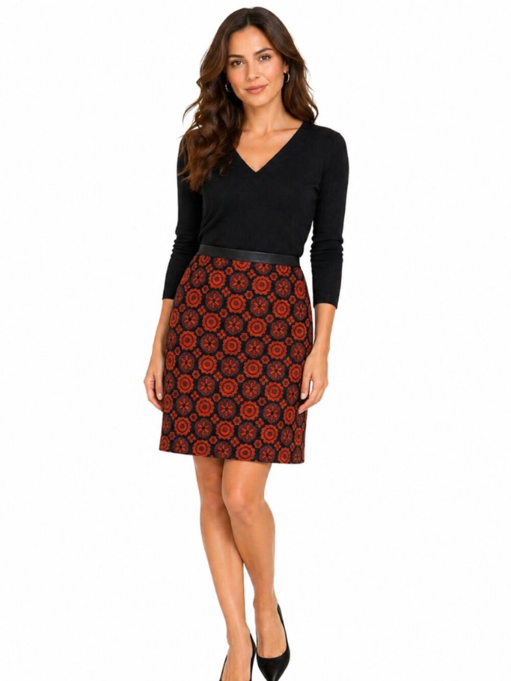 Boden Pencil Skirt Womens 14L Orange Black Medallion Stretch Career Workwear